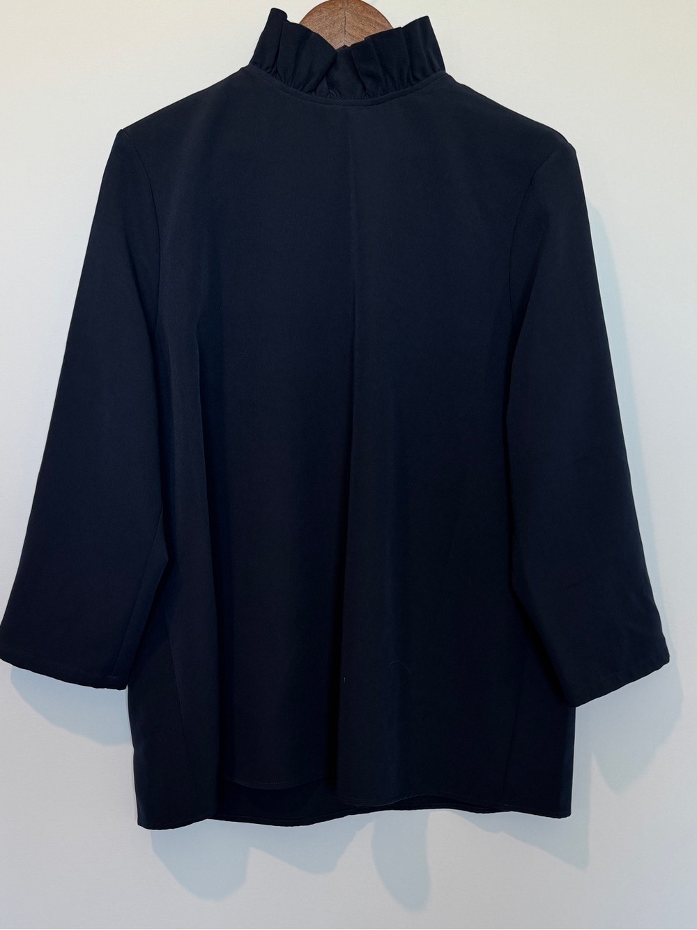 Tuckernuck Faye Blouse XXL Navy Blue Ruffle Neck Back Bow 3/4 Sleeve